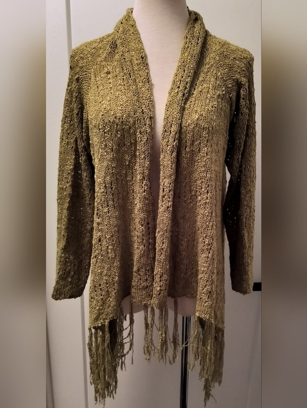 Fringed Olive Open-Front Women's Cardigan